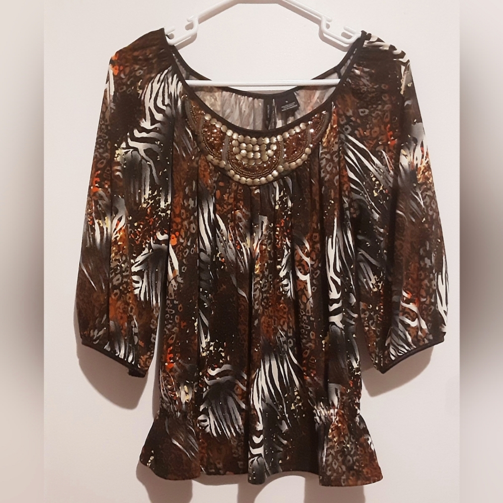 New Directions Zebra print Blouse Metallic neck Gathered hip